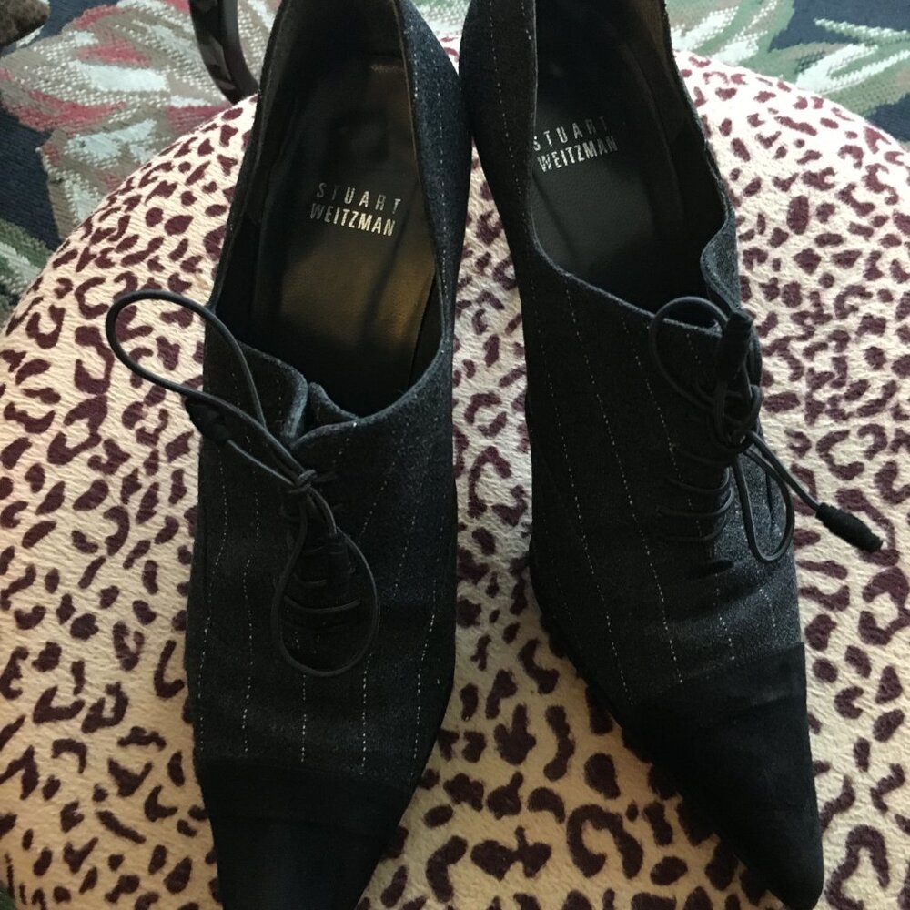 Stuart Weizman Grey Flannel Stripe w/Black Suede  Lace up Stiletto